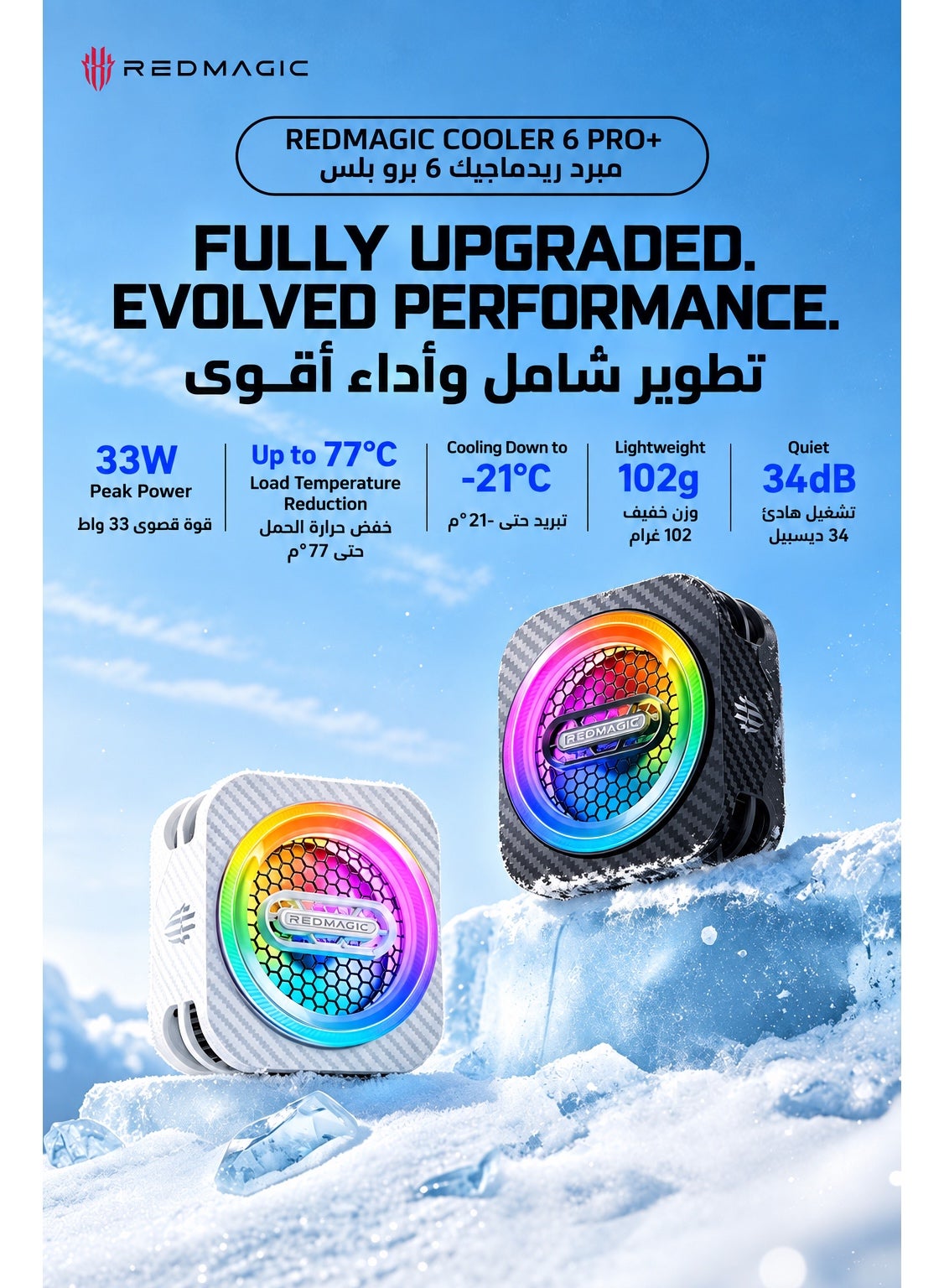Phone Cooler RedMagic 6 Pro Plus Edition, 33W Magnetic Gaming Phone Cooler with 6000RPM Cooling Fan, RGB Light, 34dB Low Noise, Magnetic + Clip Mount for iPhone, Android, Samsung, RedMagic, Tablets & Mobile Gaming, White