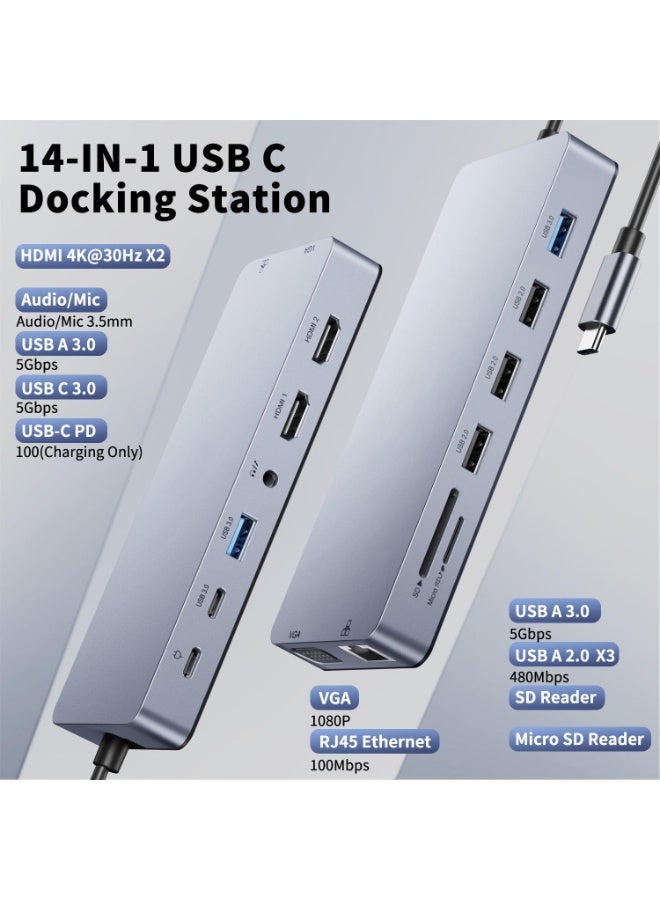 14-in-1 USB C Laptop Docking Station with Dual HDMI, USB-A & C 5Gbps, SD/TF Card Slots, VGA, and Ethernet