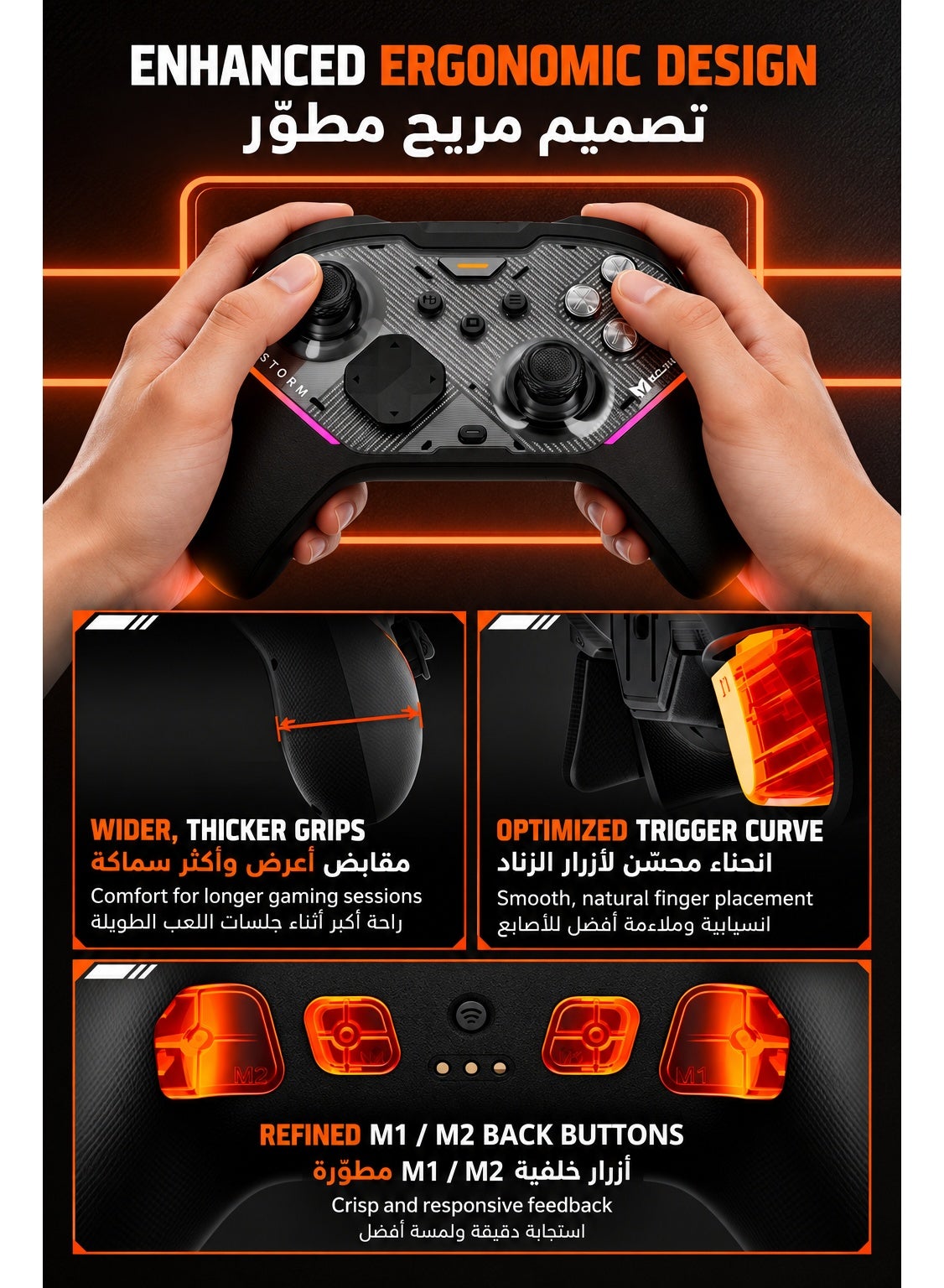 Wireless Gaming Controller MOJHON Storm 2 TMR Edition, 2000Hz PC & Switch Gamepad with 4096-Level TMR Joysticks, Hall + Micro Switch Triggers, 16 Mechanical Buttons, 4 Programmable Back Buttons, RGB & Charging Dock for PC, Switch, iOS & Android