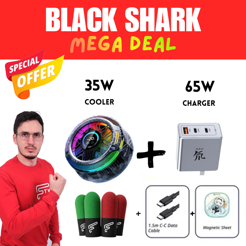 FLAREGUN OFFER — Black Shark 6 Pro Magnetic Cooler + RedMagic 65W GaN5 Fast Charger + Flaregun P4 Sleeves (4-Pack, 2× Black+Green & 2× Black+Red) — For iPhone, Android, RedMagic, iPad