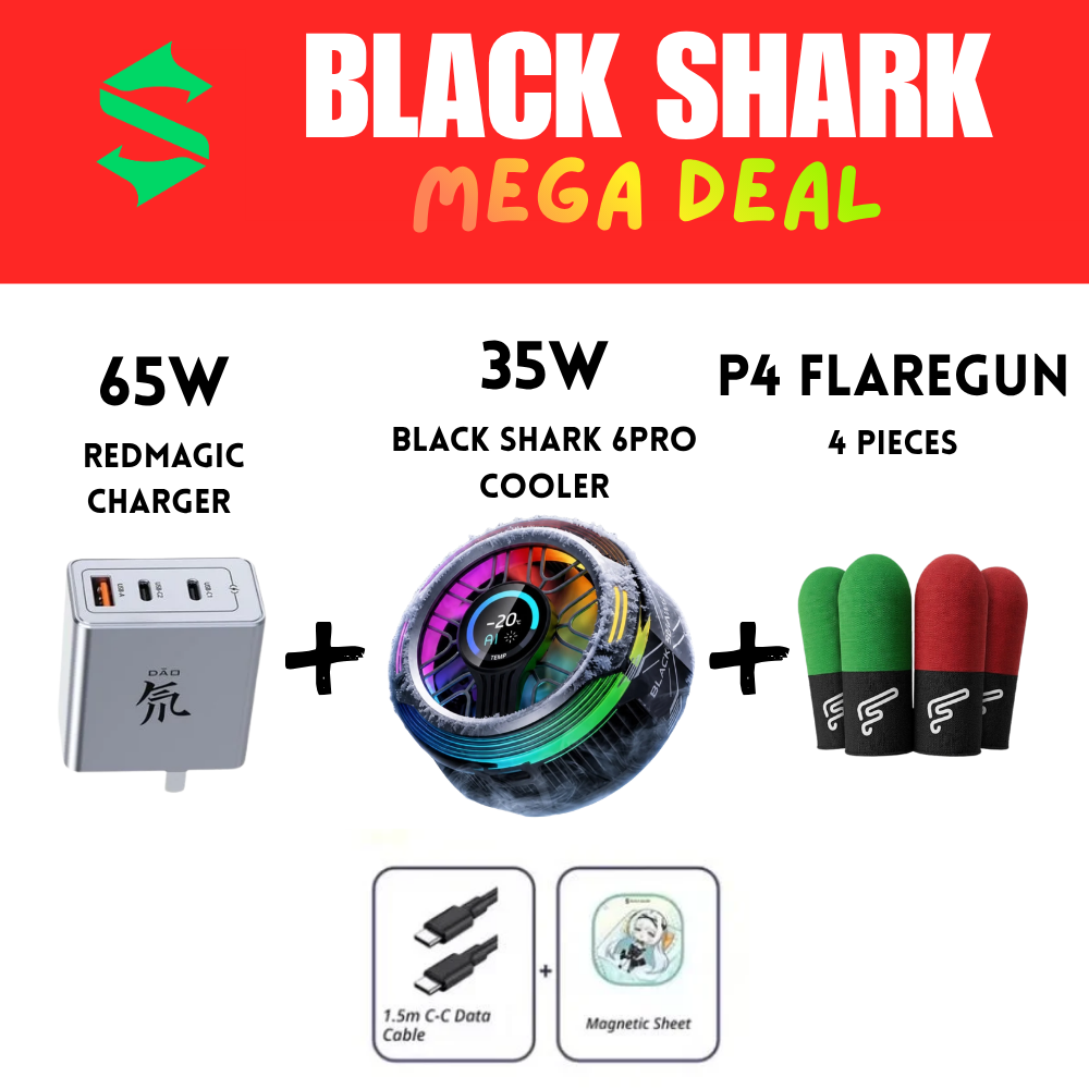 Black Shark 6 Pro Magnetic Cooler + RedMagic 65W GaN5 Fast Charger + Flaregun P4 Sleeves (2× Black+Green & 2× Black+Red) — For iPhone, Android, RedMagic, iPad