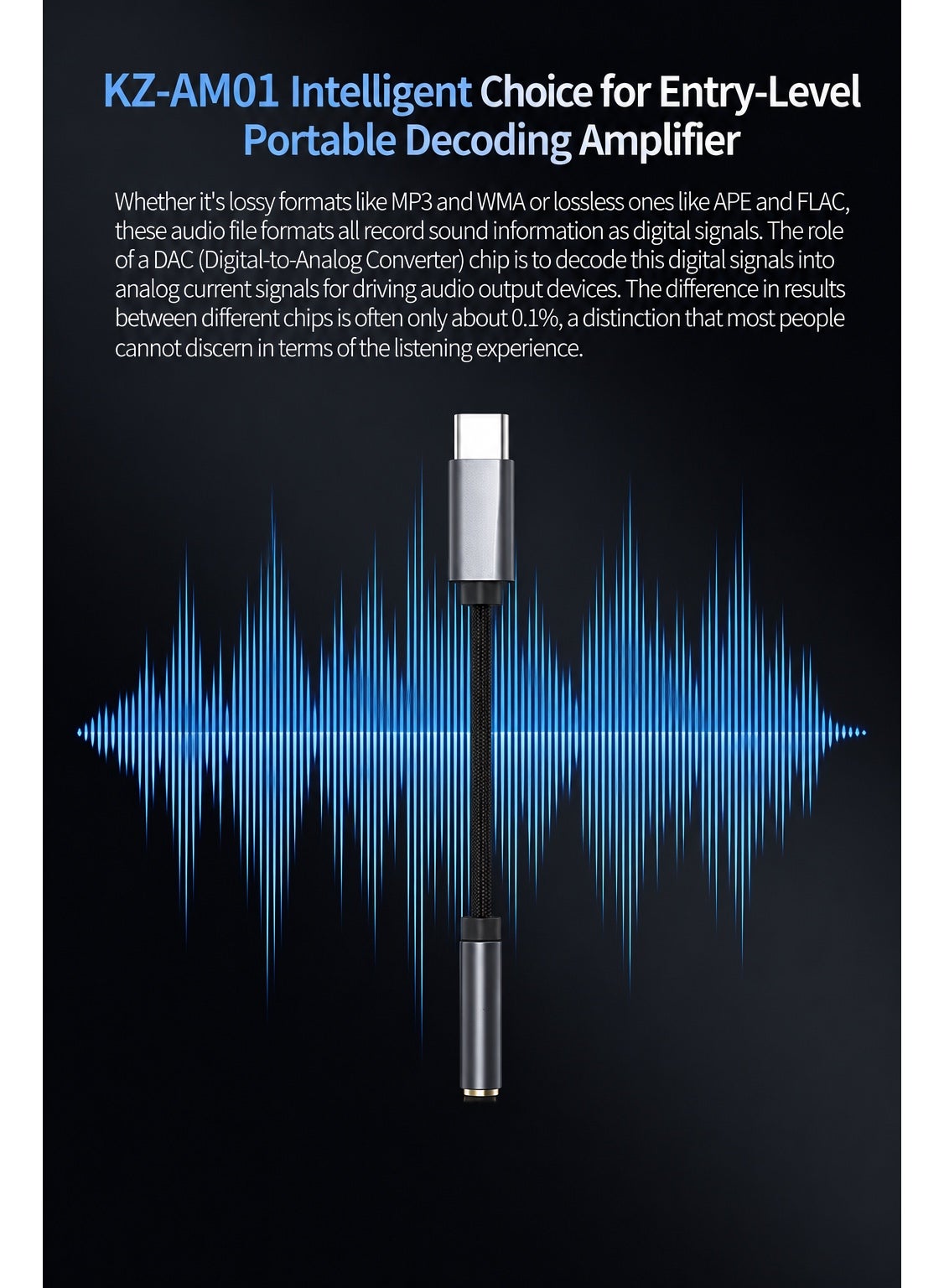 KZ AM01 USB-C to 3.5mm DAC Headphone Amplifier Adapter — Universal USB-C Hi-Res Audio Decoder with Dual Independent DAC & Amplifier Chips, Supports High-Impedance Headphones up to 600Ω — Compatible with USB-C Devices (Android, iPhone 15+/iPad