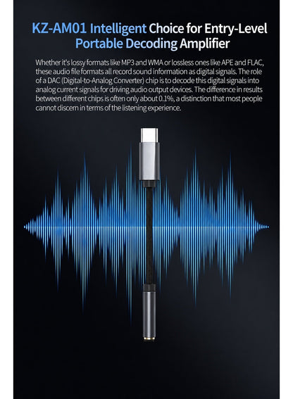 KZ AM01 USB-C to 3.5mm DAC Headphone Amplifier Adapter — Universal USB-C Hi-Res Audio Decoder with Dual Independent DAC & Amplifier Chips, Supports High-Impedance Headphones up to 600Ω — Compatible with USB-C Devices (Android, iPhone 15+/iPad
