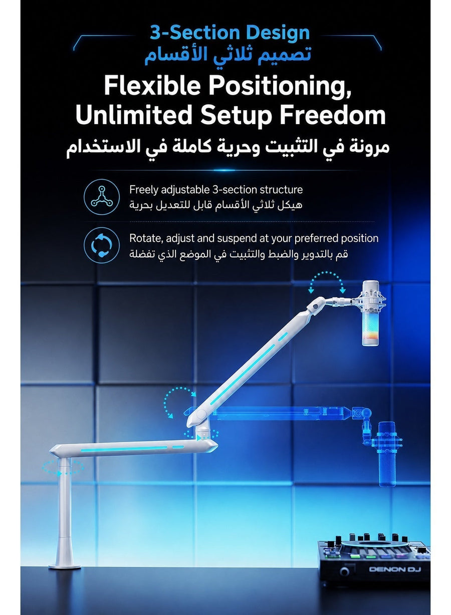 Mic Stand 3 in 1, Convertible Low Profile Arm and Holder for Studio, Streaming, Gaming, Podcasting and Recording by HUMANEX, RGB 3-Section Boom Arm Compatible with FIFINE Mics, RØDE NT1, HyperX QuadCast and Shure SM7B, Clamp and Grommet Mount, White