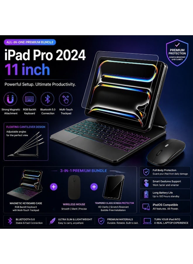 كيبورد ايباد 2024 11 انش مع ماوس بلوتوث لاسلكي وواقي شاشة زجاجي مقوى لجهاز iPad Pro 11 بوصة 2024 M4، لوحة لمس متعددة بنوعية عالية الجودة