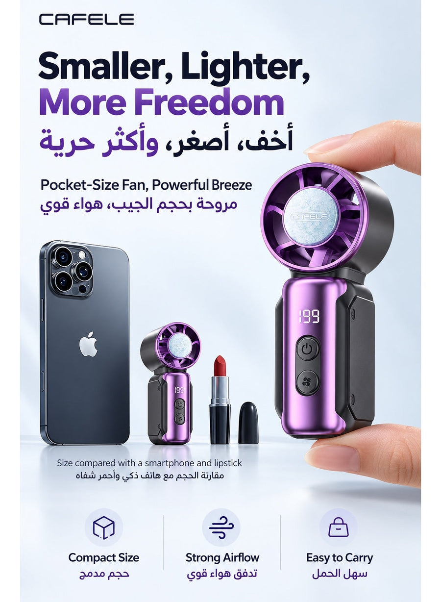 CAFELE مروحة يدوية محمولة صغيرة ببطارية 3600mAh، مروحة توربو قابلة للشحن مع تبريد بأشباه الموصلات، 100 مستوى سرعة وشاشة رقمية، تدفق هواء قوي وشحن Type-C للسفر والمكتب والخروج والمكياج - ابيض وفضي