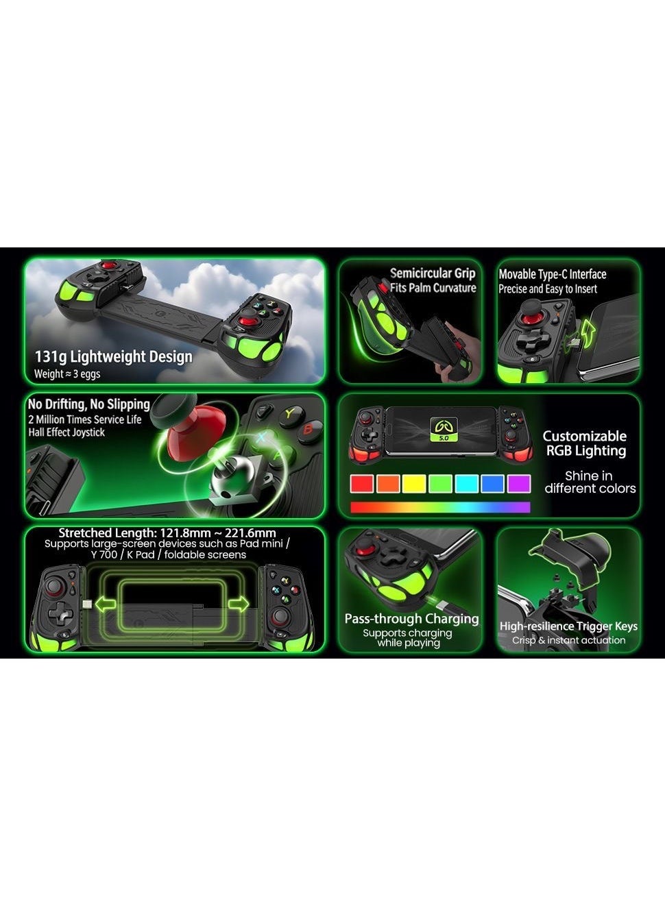 Mobile Game Controller GAMWING AB05, Type-C Telescopic Gaming Gamepad for iPhone, iPad, Android Phones & Tablets, Hall Effect Joysticks, RGB Lighting, Pass-Through Charging, Turbo Auto-Fire, Macro Buttons for PUBG Mobile, COD Mobile