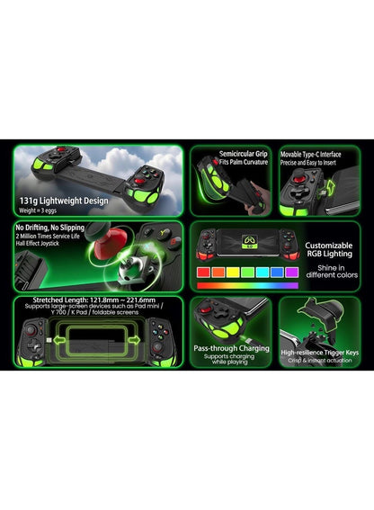 Mobile Game Controller GAMWING AB05, Type-C Telescopic Gaming Gamepad for iPhone, iPad, Android Phones & Tablets, Hall Effect Joysticks, RGB Lighting, Pass-Through Charging, Turbo Auto-Fire, Macro Buttons for PUBG Mobile, COD Mobile