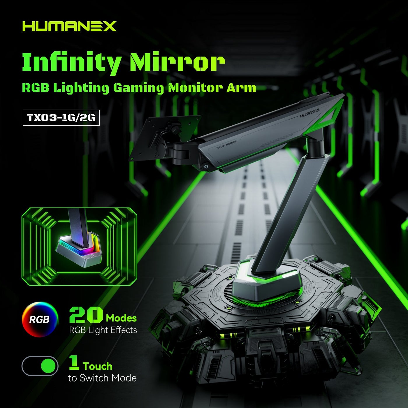 Humanex ذراع شاشة قيمنق Humanex Infinity Mirror بريميوم احترافي بإضاءة RGB – حام