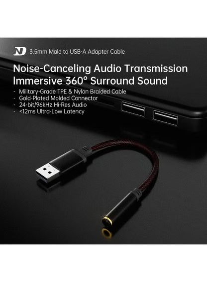 NDND N1 3.5mm to USB-A Audio Adapter Cable with Built-in DAC, Hi-Res 24-bit/96kHz Sound, Noise-Cancelling Audio Transmission, Ultra-Low Latency