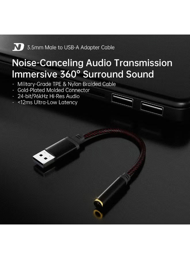 NDND N1 3.5mm to USB-A Audio Adapter Cable with Built-in DAC, Hi-Res 24-bit/96kHz Sound, Noise-Cancelling Audio Transmission, Ultra-Low Latency