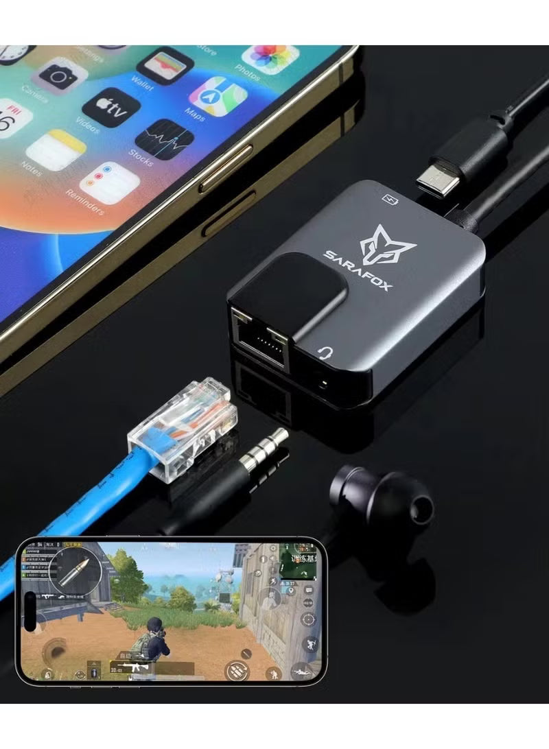 Sarafox 3-in-1 Gaming Adapter & Converter Dongle, Type-C USB Hub with 3.5mm Audio, RJ45 Ethernet 1000Mbps Network Adapter, PD 3.0 Fast Charging, Low Latency Gaming Adapter for PUBG – Compatible with Razer, Xiaomi, RedMagic, iPad, iPhone, Samsung, Android