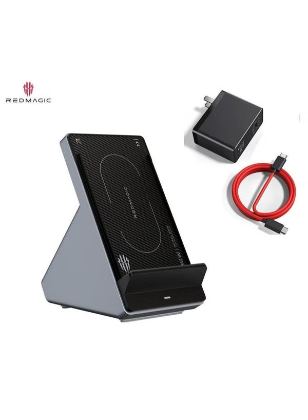 شاحن بسلكي سريع بقوة 80W – شحن بسلكي مبرد بالهواء مع مروحة 5000 RPM، شاحن ثنائي الاستخدام وحامل الهاتف، نسيج ألياف كربونية، توافق متعدد الأجهزة، حماية أمان بـ 8 مستويات، يتضمن محول طاقة 120W، لـ iPhone 17 وما دونه، Samsung، RedMagic