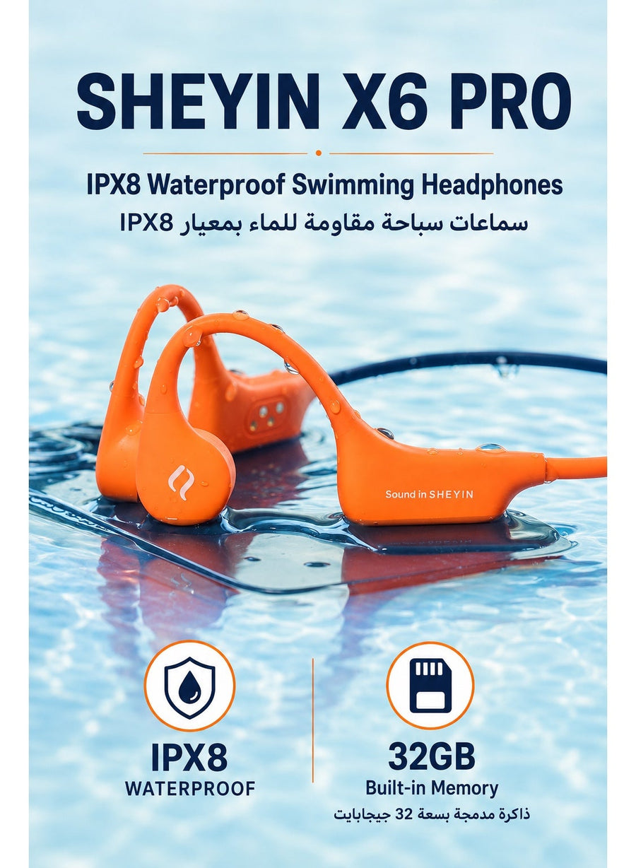 SHEYIN X6 Pro Bone Conduction Swimming Headphones, IPX8 Waterproof Open Ear Bluetooth 5.4 Sports Headset with 32GB Built In MP3 Player and Up to 10 Hour Battery for Swimming, Running, Cycling and Gym, Coral