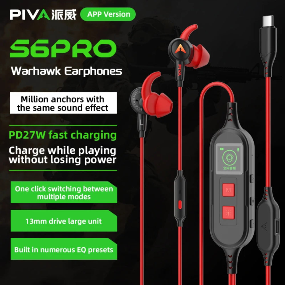 The PIVA S6PRO Gaming Earphones Type c Usb-c Gaming Headset Headphones Earphones Earbuds Earpiece with Microphone Comfortable Creative (LEBANON ONLY)