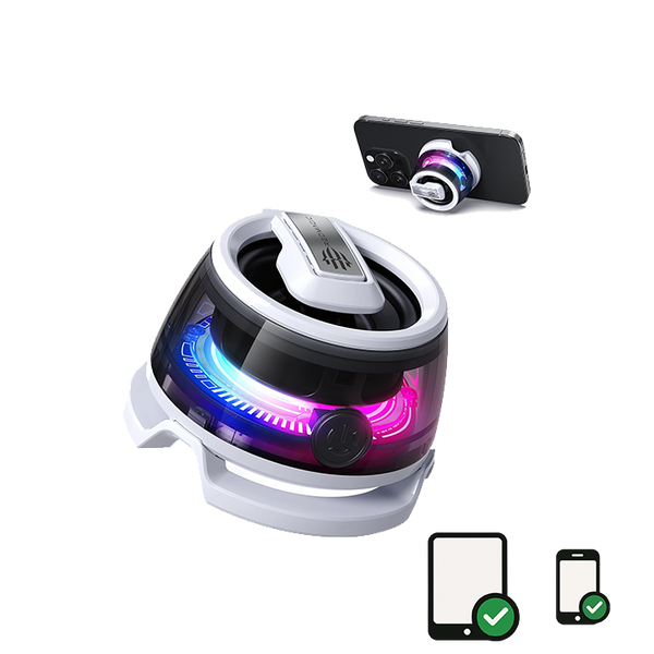 حامل هاتف صغير من ريد ماجيك مع مكبر صوت بلوتوث، BT 5.3، ضوء RGB، وضع الألعاب/الموسيقى، مكبر صوت مغناطيسي لاسلكي محمول لعربة الجولف، السفر، الاستحمام، الهواء الطلق أو السطح المعدني
