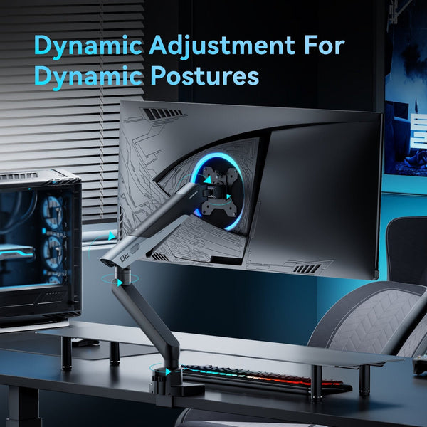 Humanex Stealth Mecha Premium Professional Gaming Monitor Arm, Single Monitor Desk Mount for 17–40″ Screens, Supports up to 12 kg, Full Motion Tilt, Swivel and 360° Screen Rotation, VESA 75×75 / 100×100, Built In Cable Management, C-Clamp and Grom