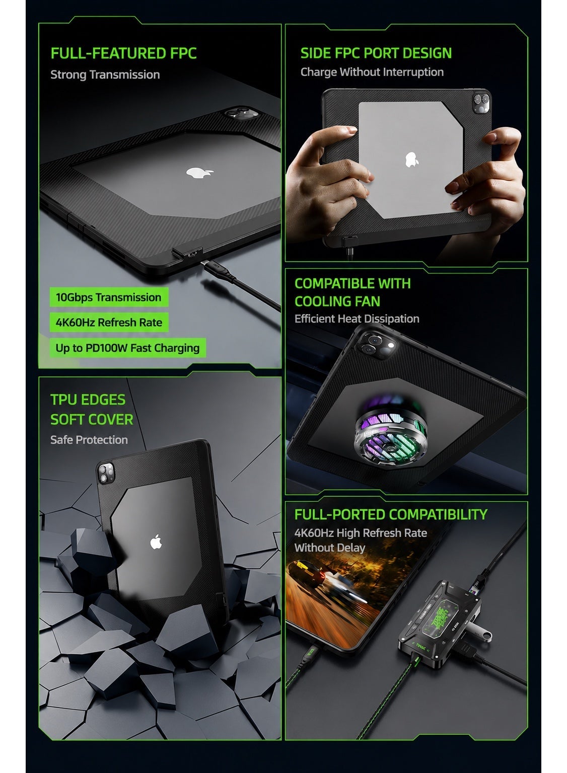 PIVA Gaming 2-in-1 iPad Protective Case with FPC Tail Plug, PD 100W Fast Charging, 10Gbps Data Transfer, 4K 60Hz Video Output, Carbon Fiber TPU Cover, Magnetic Cooler Compatible for ( iPad Pro 11-inch 2024/2025 M4/M5 )