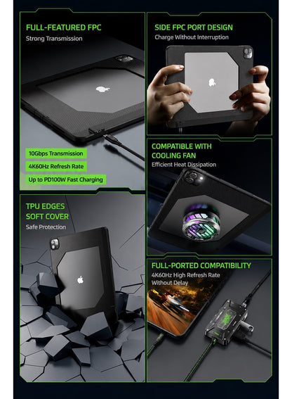 PIVA Gaming 2-in-1 iPad Protective Case with FPC Tail Plug, PD 100W Fast Charging, 10Gbps Data Transfer, 4K 60Hz Video Output, Carbon Fiber TPU Cover, Magnetic Cooler Compatible for ( iPad Pro 11-inch 2024/2025 M4/M5 )
