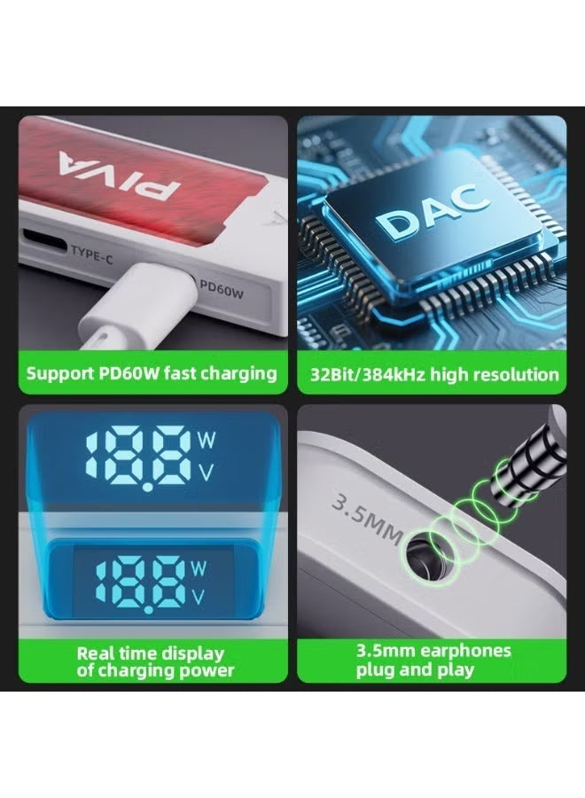 PIVA G41 4-in-1 Gaming Adapter & Converter, Type-C to 3.5mm Audio DAC 32Bit/384Khz & USB 2.0 Data Transfer Hub, PD 60W Fast Charging with Power Display, 480Mbps High-Speed, Compatible with RedMagic, iPad, iPhone, Samsung Mobile, Laptops, Mobile Phones