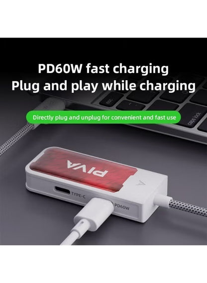 محول ألعاب بيفا G41 4-في-1، Type-C إلى صوت 3.5mm مع DAC 32Bit/384Khz وhub USB 2.0، شحن سريع PD 60W مع عرض الطاقة، 480Mbps عالي السرعة