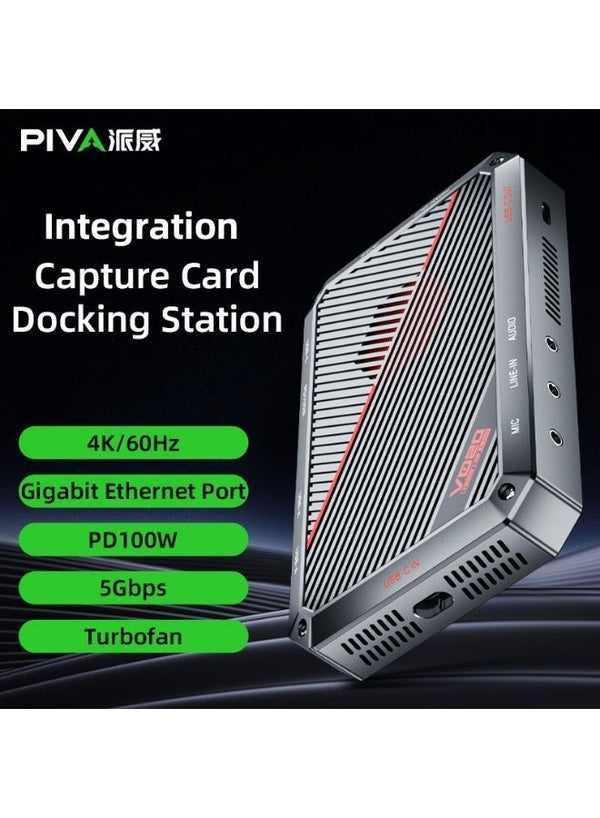 PIVA VD20 UHD 4K60Hz & 1080p 240Hz Video Capture Card & Gaming Dock with Built-in Cooling Fan for Live Streaming – Connect iPad, iPhone 15/17, Android Phones & Tablets to PC via HDMI & USB 3.0, Gigabit Ethernet, PD 100W Charging, VRR Support, Mic & Audio