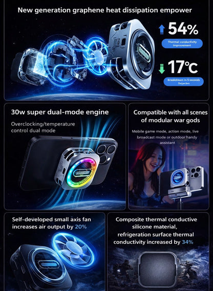 Phone Cooler RedMagic 6 Pro Magnetic Phone/Tablet Cooler – 30W Ultra-Cooling Gaming Fan with 35W Mini GaN Charger, Graphene Heatsink, Magnetic Mount & Clip – Powerful Cooling Fan for Smartphones, Tablets, iPad & Steam Deck (Perfect for PUBG Mobile