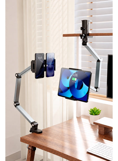 Tablet & Phone Holder Stand 2 in 1, 360° Adjustable Aluminum Alloy Long Arm Desk Mount, Foldable Multi-Axis Clamp Stand for iPad, Tablets & Smartphones, Height and Angle Adjustable for Office, Bed, Kitchen, Video, Study & Gaming – Space Silver