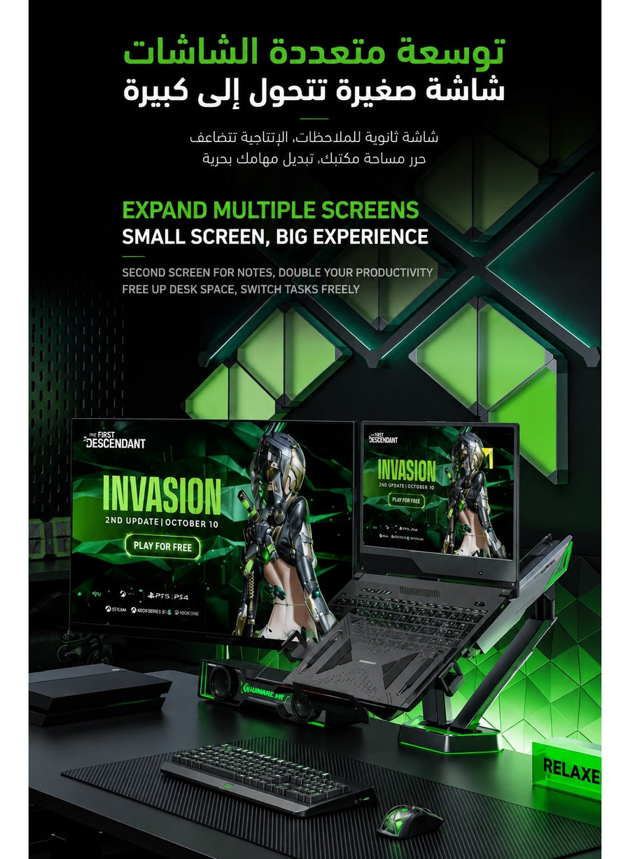 Dual Monitor Stand & Arm Bracket Holder, Heavy Duty RGB Desk Mount for Two 17–38″ Monitors, Supports up to 16kg Each, Full-Motion Tilt, Swivel & 360° Rotation, Infinity Mirror with 20 RGB Lighting Modes, VESA 75×75 / 100×100, Built-In Cable Management