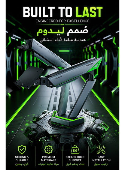 Dual Monitor Stand & Arm Bracket Holder, Heavy Duty RGB Desk Mount for Two 17–38″ Monitors, Supports up to 16kg Each, Full-Motion Tilt, Swivel & 360° Rotation, Infinity Mirror with 20 RGB Lighting Modes, VESA 75×75 / 100×100, Built-In Cable Management