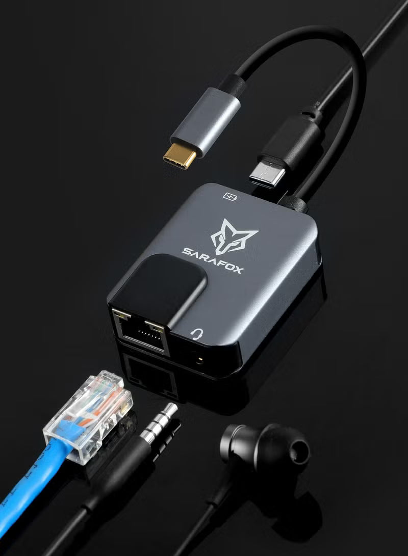 Sarafox 3-in-1 Gaming Adapter & Converter Dongle, Type-C USB Hub with 3.5mm Audio, RJ45 Ethernet 1000Mbps Network Adapter, PD 3.0 Fast Charging, Low Latency Gaming Adapter for PUBG – Compatible with Razer, Xiaomi, RedMagic, iPad, iPhone, Samsung, Android