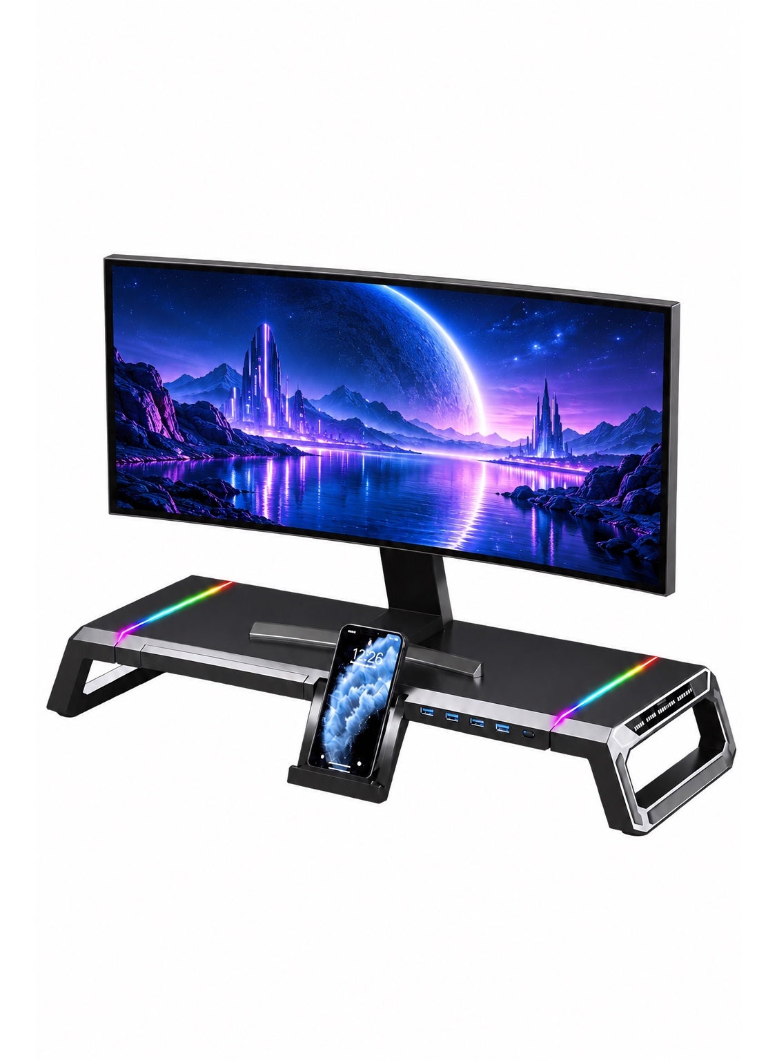 Monitor Stand Riser by ICECOOREL T1, RGB Gaming Computer Monitor Stand with 4-Port USB Hub, USB 3.0 & USB 2.0, Storage Drawer, Phone & Tablet Holder, 20kg Heavy-Duty Desk Organizer for PC Laptop Monitor