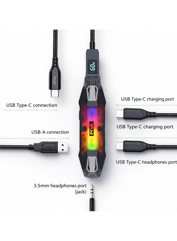 محور PIVA X41 4-in-1 USB-C للألعاب ومحطة توصيل مع بطاقة صوت DAC، شحن سريع PD 60W، مقبس صوت 3.5mm، منفذ بيانات USB، إضاءة RGB – متوافق مع iPhone، iPad، Android، RedMagic وأجهزة الكمبيوتر المحمولة