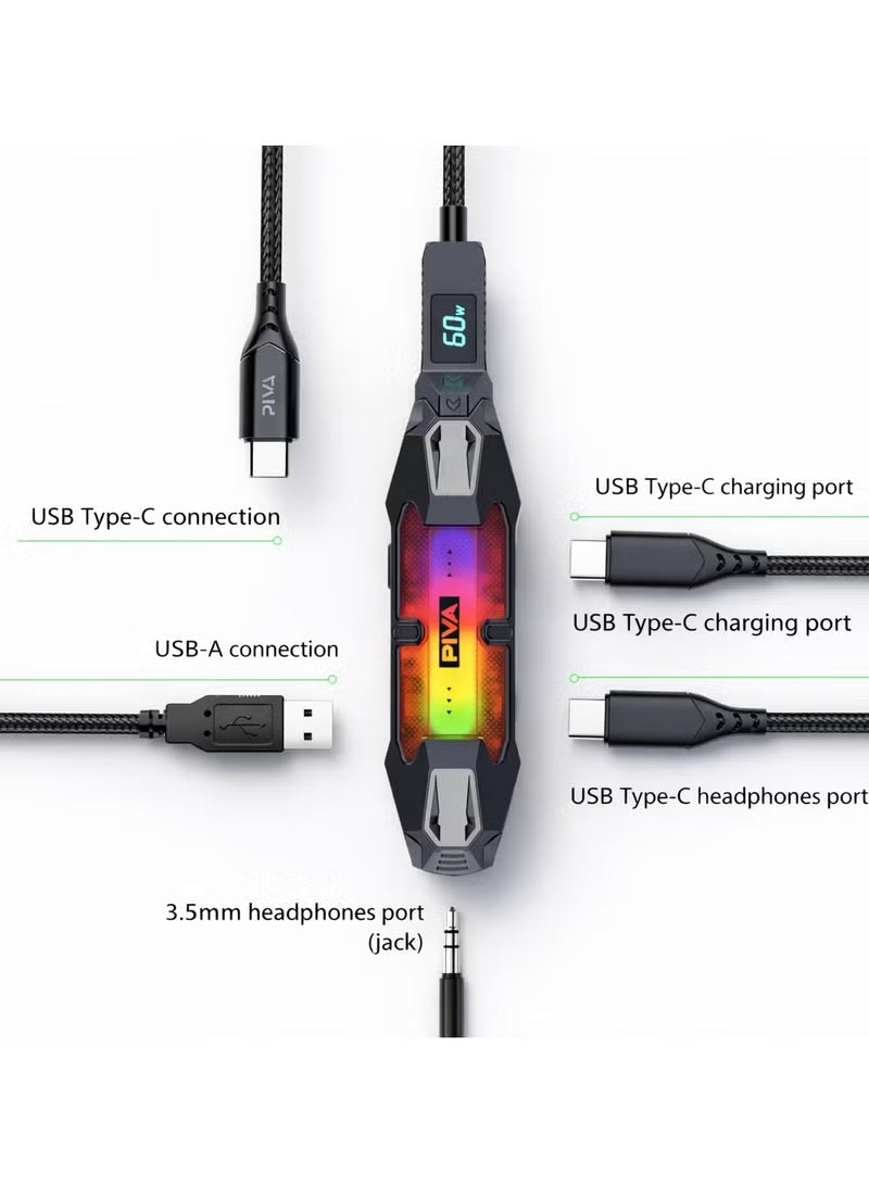 PIVA X41 4-in-1 USB-C Gaming Hub & Docking Station with DAC Sound Card, 60W PD Fast Charging, 3.5mm Audio Jack, USB Data Port, RGB Lighting – Compatible with iPhone, iPad, Android, RedMagic & Laptops