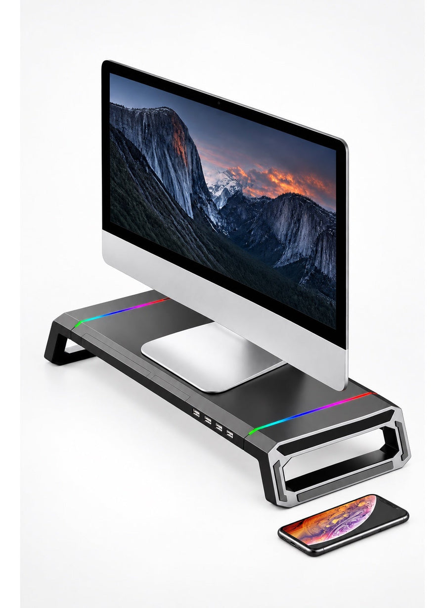Monitor Stand Riser by ICECOOREL T1, RGB Gaming Computer Monitor Stand with 4-Port USB 2.0 Hub, Storage Drawer, Phone & Tablet Holder, 20kg Heavy-Duty Desk Organizer for PC Laptop Monitor