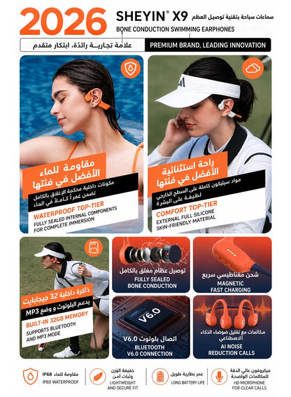 SHEYIN X9 Bone Conduction Swimming Headphones, IPX8 Waterproof, 32GB Built-in MP3, Bluetooth 6.0, Open-Ear Sports Headphones, 10-Hour Battery for Swimming, Running & Gym