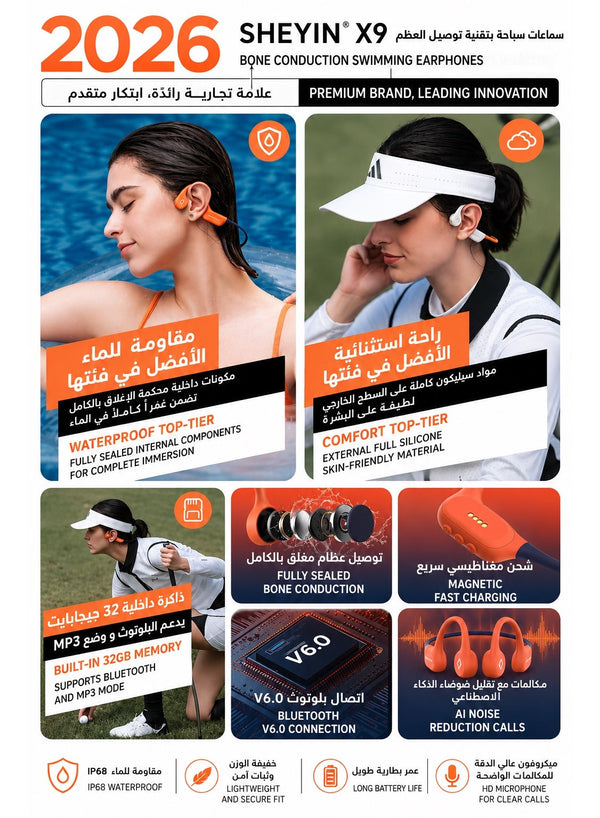 SHEYIN X9 Bone Conduction Swimming Headphones, IPX8 Waterproof, 32GB Built-in MP3, Bluetooth 6.0, Open-Ear Sports Headphones, 10-Hour Battery for Swimming, Running & Gym