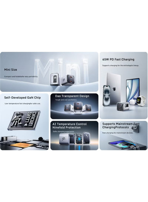 شاحن RedMagic mini بقوة 65W سريع، تصميم ثنائي المنافذ مضغوط، دبابيس قابلة للطي، NeoCharger 3.0، لـ Redmagic Nova و iPad والأجهزة اللوحية و iPhone و Macbook وأجهزة الكمبيوتر المحمول - يتضمن كابل - (نسخة أمريكية)