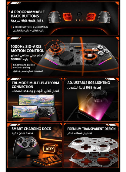 Wireless Gaming Controller MOJHON Storm 2 TMR Edition, 2000Hz PC & Switch Gamepad with 4096-Level TMR Joysticks, Hall + Micro Switch Triggers, 16 Mechanical Buttons, 4 Programmable Back Buttons, RGB & Charging Dock for PC, Switch, iOS & Android
