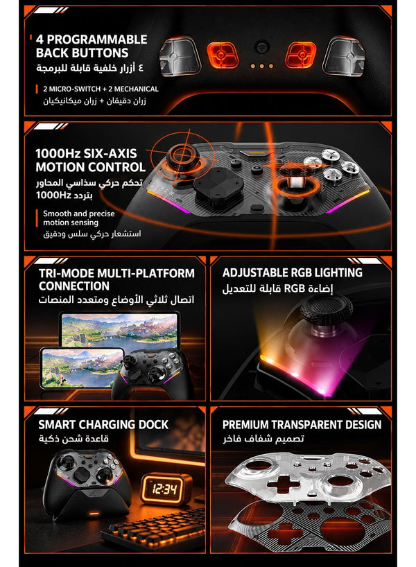 Wireless Gaming Controller MOJHON Storm 2 TMR Edition, 2000Hz PC & Switch Gamepad with 4096-Level TMR Joysticks, Hall + Micro Switch Triggers, 16 Mechanical Buttons, 4 Programmable Back Buttons, RGB & Charging Dock for PC, Switch, iOS & Android