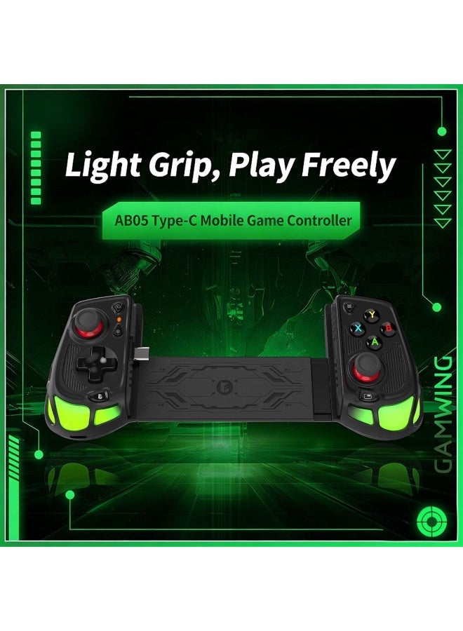 Mobile Game Controller GAMWING AB05, Type-C Telescopic Gaming Gamepad for iPhone, iPad, Android Phones & Tablets, Hall Effect Joysticks, RGB Lighting, Pass-Through Charging, Turbo Auto-Fire, Macro Buttons for PUBG Mobile, COD Mobile