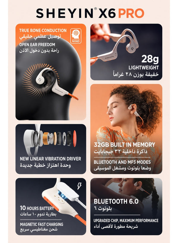 SHEYIN X6 Pro Bone Conduction Swimming Headphones, IPX8 Waterproof Open Ear Bluetooth 5.4 Sports Headset with 32GB Built In MP3 Player and Up to 10 Hour Battery for Swimming, Running, Cycling and Gym, Coral