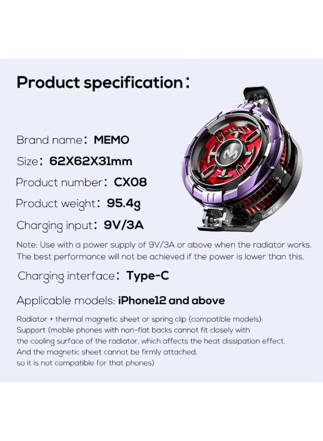 MEMO CX08 Ai Magnetic Smartphone Cooler, 23W Fast Cooling Semiconductor Radiator Fan for Gaming, Live Streaming & Vlogging – Ultra Quiet Heat Dissipation for iPhone 12/13/14/15 Series, Android Phones & iPad Tablets