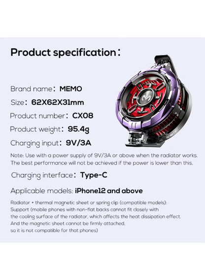 MEMO CX08 Ai Magnetic Smartphone Cooler, 23W Fast Cooling Semiconductor Radiator Fan for Gaming, Live Streaming & Vlogging – Ultra Quiet Heat Dissipation for iPhone 12/13/14/15 Series, Android Phones & iPad Tablets