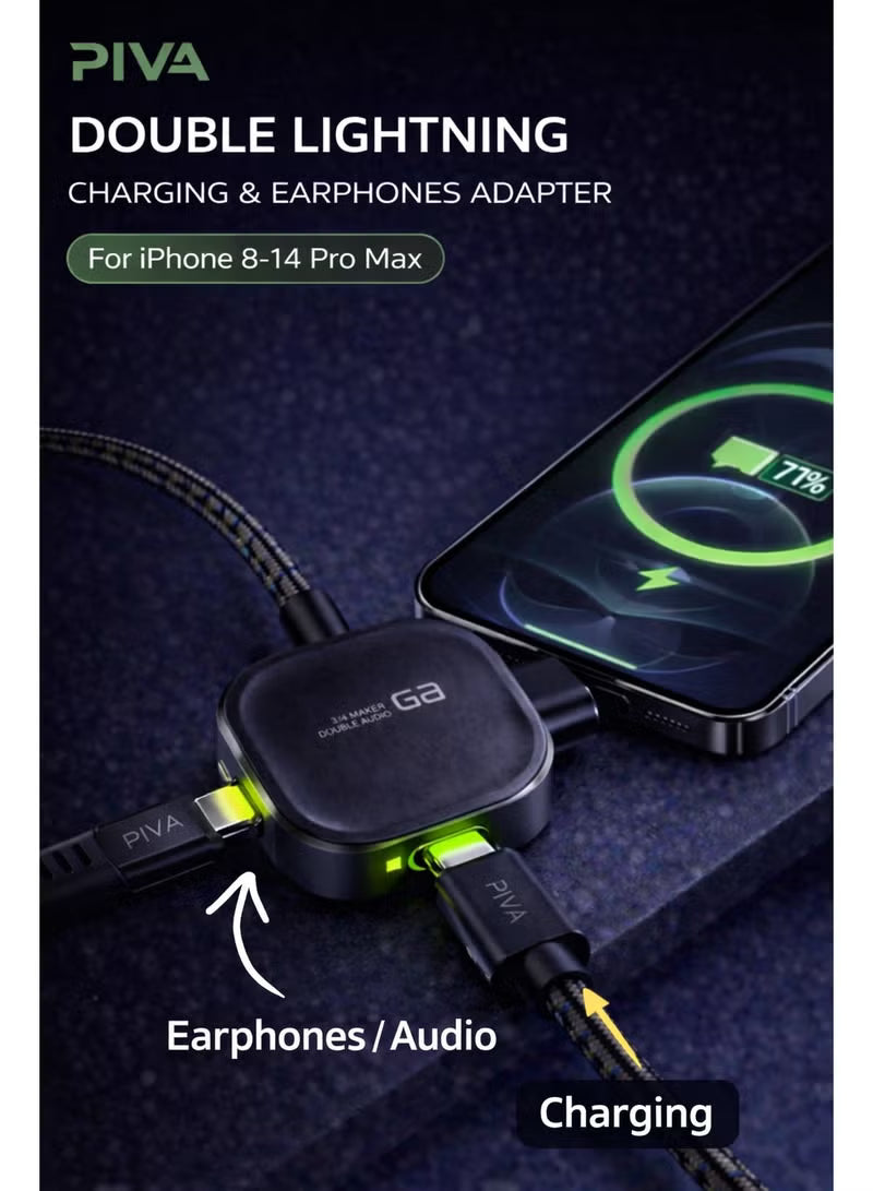 pivaPIVA G2 iPhone Lightning Adapter Dongle – Double Lightning Headphone Jack with Fast Charging, Lightweight Plug-and-Play Design, HD Clear Voice with Extra Bass, Zero Delay, Mic Supported, MFI-Certified Chipset – Compatible with iPhone 8, X, 11, 12, 13