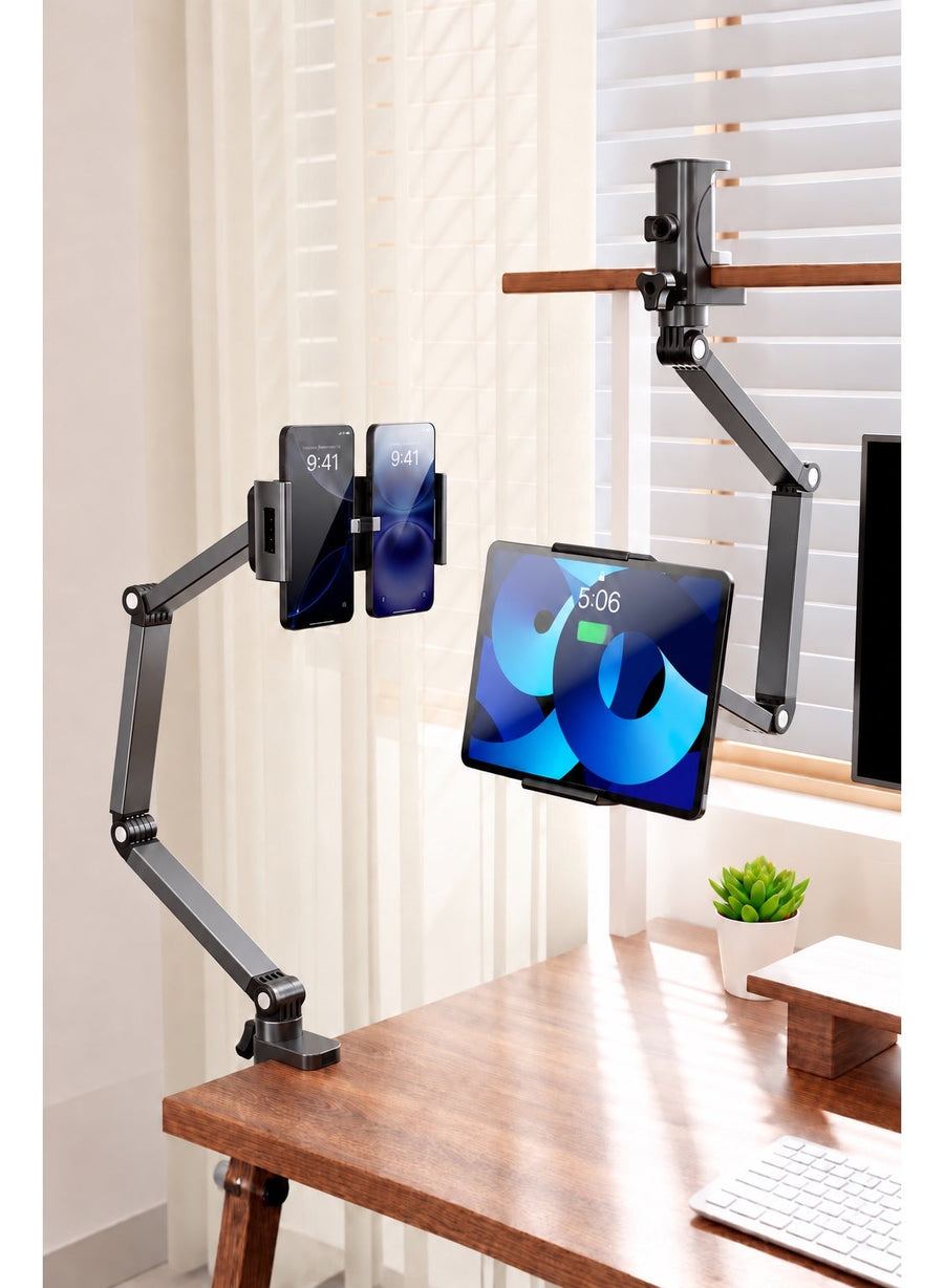 2 in 1 Tablet & Phone Holder Stand, 360° Adjustable Aluminum Alloy Long Arm Desk Mount, Foldable Multi-Axis Clamp Stand for iPad, Tablets & Smartphones, Height and Angle Adjustable for Office, Bed, Kitchen, Video, Study & Gaming – Space Gray