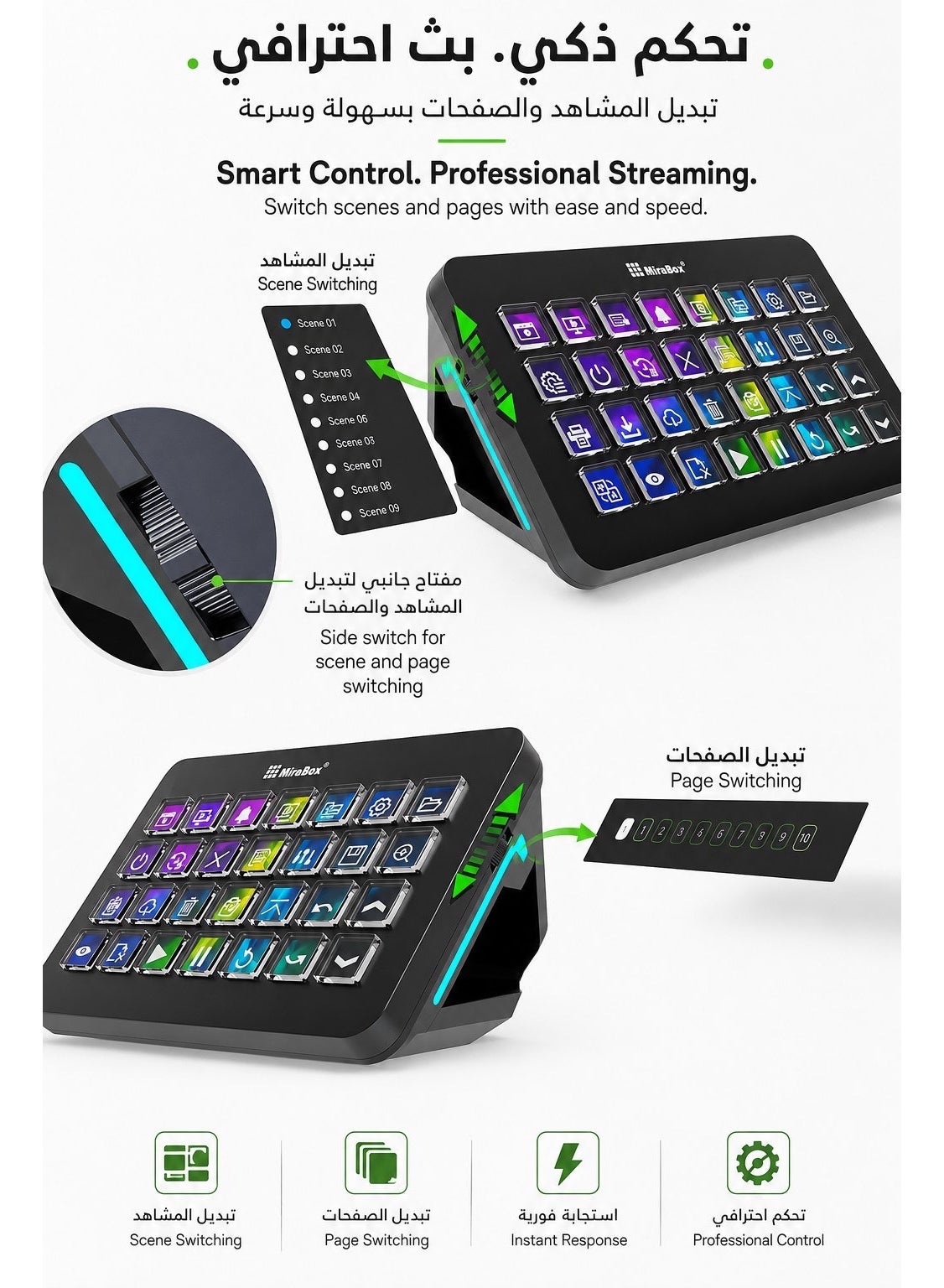 حدة تحكم ميرا بوكس XL ستريم ديك هذه. تتميز بـ 32 مفتاحًا قابلاً للبرمجة بشاشات LCD يمكن تخصيصها بأيقونات وإجراءات للوصول السريع إلى التطبيقات والأوامر والمزيد. تضيف إضاءة RGB المدمجة عنصرًا بصريًا ديناميكيًا ويمكن تكييفها مع إعدادك. صُممت هذه الوحدة