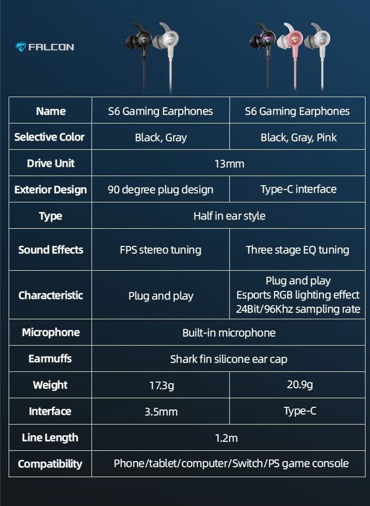 PIVA S6 Falcon Gaming Earphones 3.5mm Wired Earbuds with RGB Lighting Built-in S