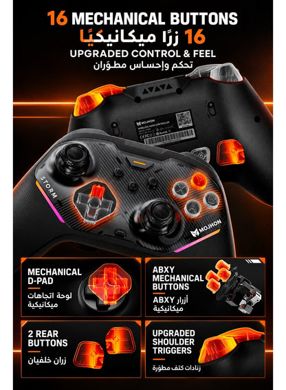 Wireless Gaming Controller MOJHON Storm 2 TMR Edition, 2000Hz PC & Switch Gamepad with 4096-Level TMR Joysticks, Hall + Micro Switch Triggers, 16 Mechanical Buttons, 4 Programmable Back Buttons, RGB & Charging Dock for PC, Switch, iOS & Android