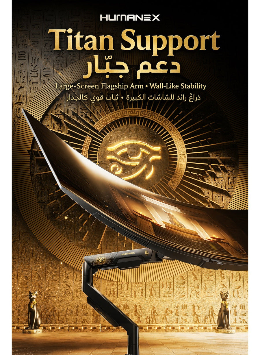 ذراع شاشة قيمنق بريميوم احترافي – حامل شاشة واحد ثقيل للاستخدام المكثّف مكتبي للشاشات من 24 إلى 57 بوصة، يتحمّل حتى 27 كجم، حركة كاملة إمالة ودوران جانبي ودوران الشاشة 180°، توافق VESA 75×75 / 100×100، منظّم أسلاك مدمج، مشبك C وقاعدة جروميت